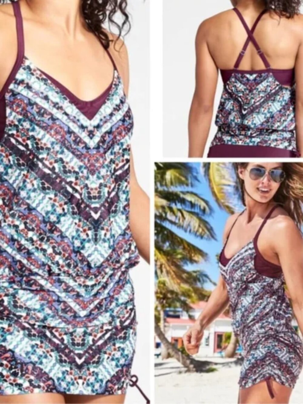 ATHLETA Marrakesh Side Scrunch Tankini Swim Top Womens 38B/C UPF 50+ Swimwear
